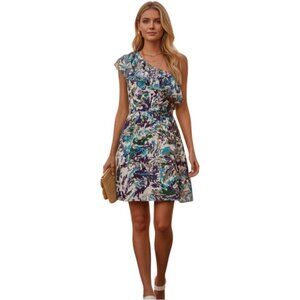 One-Shoulder Watercolor Print Ruffled Dress 4 Purple Flowy Coquette Resort